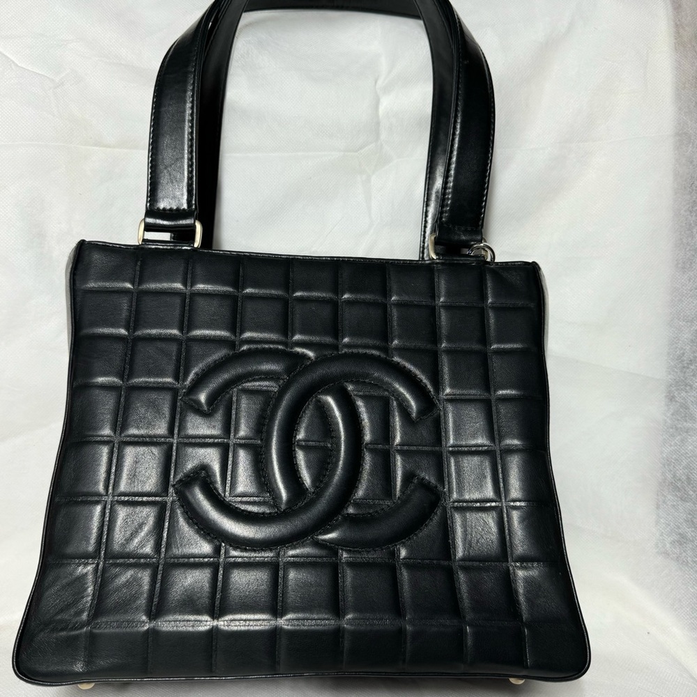 CHANEL Black Lambskin Chocolate Bar Tote with Structured Handles
